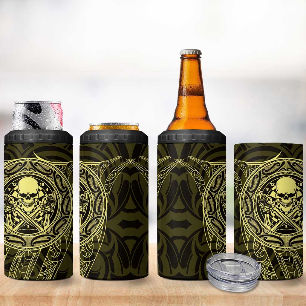 New Zealand Skull Darts 4 in 1 Can Cooler Tumbler Aotearoa Maori Chest Tattoo Stylized Gold - Aussie Hoodie