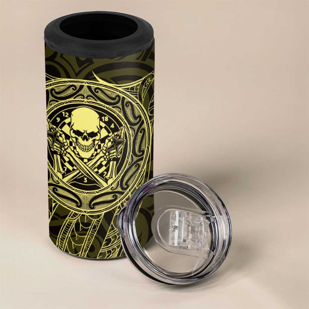 New Zealand Skull Darts 4 in 1 Can Cooler Tumbler Aotearoa Maori Chest Tattoo Stylized Gold - Aussie Hoodie