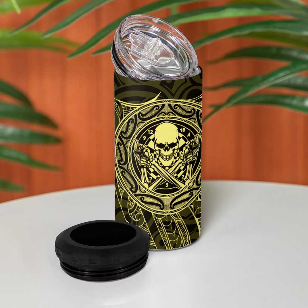 New Zealand Skull Darts 4 in 1 Can Cooler Tumbler Aotearoa Maori Chest Tattoo Stylized Gold - Aussie Hoodie