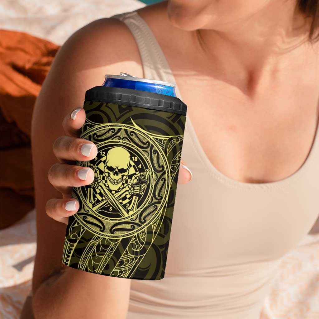 New Zealand Skull Darts 4 in 1 Can Cooler Tumbler Aotearoa Maori Chest Tattoo Stylized Gold - Aussie Hoodie