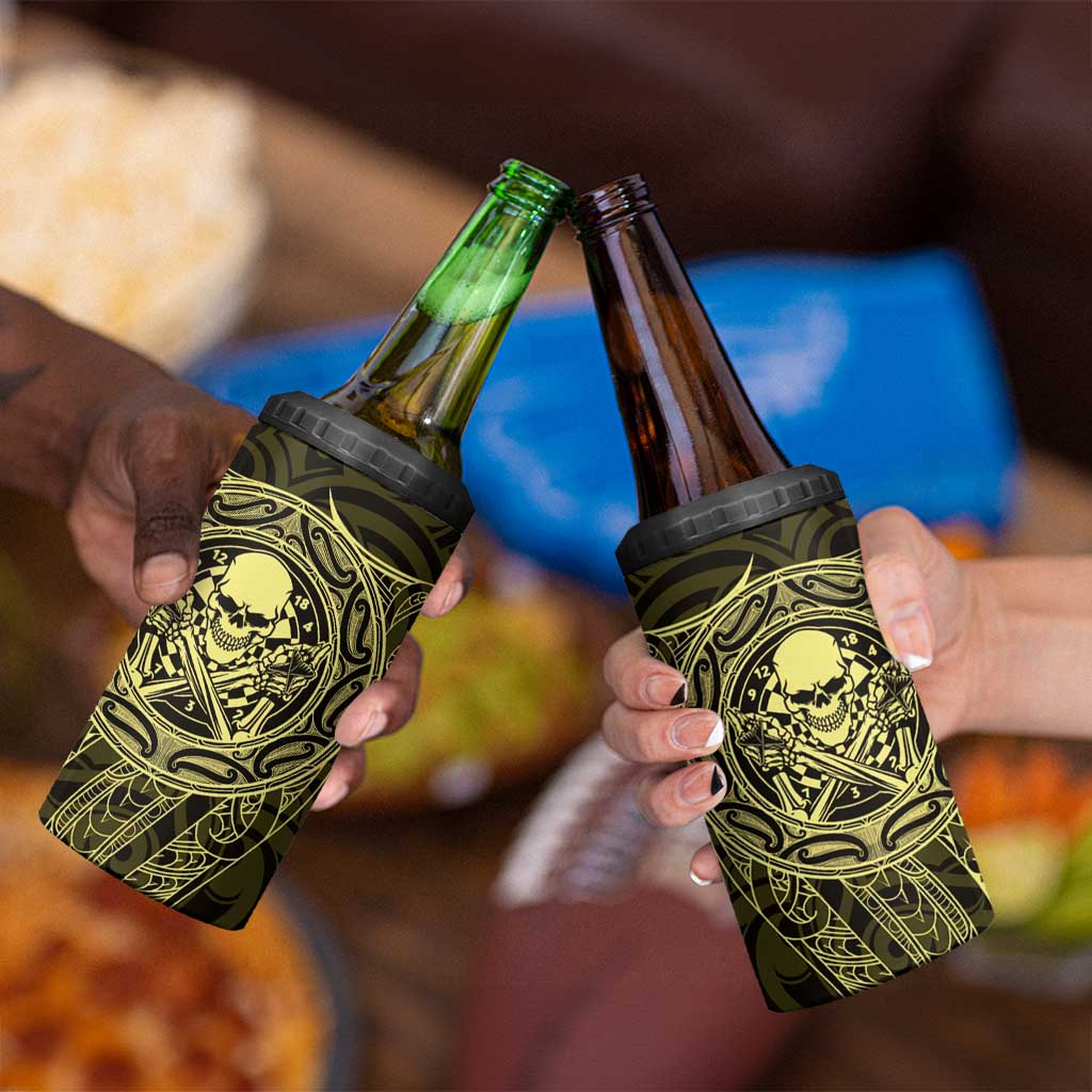 New Zealand Skull Darts 4 in 1 Can Cooler Tumbler Aotearoa Maori Chest Tattoo Stylized Gold - Aussie Hoodie