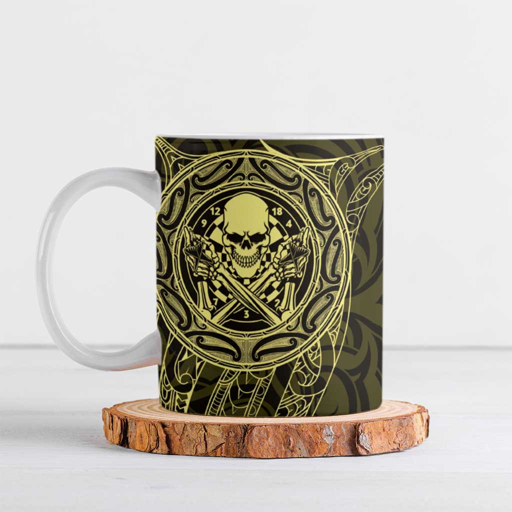 New Zealand Skull Darts Ceramic Mug Aotearoa Maori Chest Tattoo Stylized Gold - Aussie Hoodie