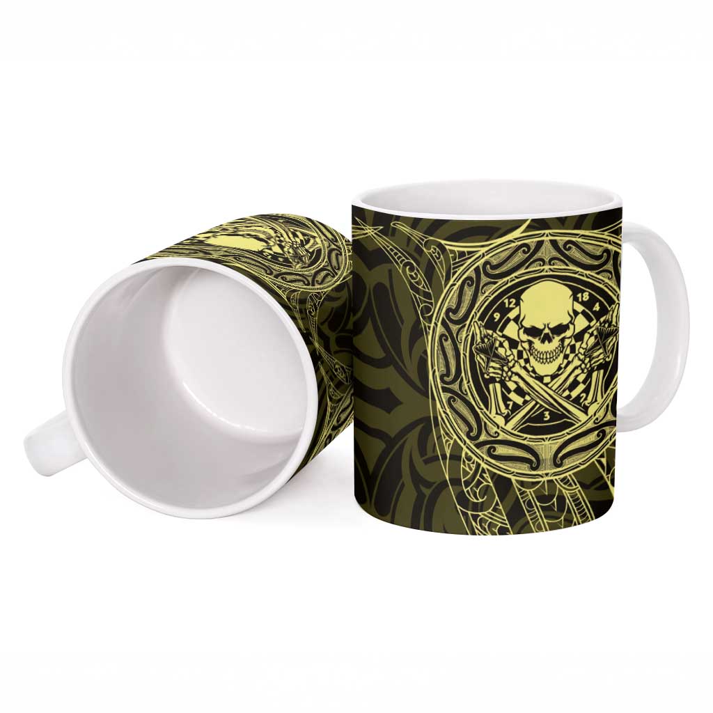 New Zealand Skull Darts Ceramic Mug Aotearoa Maori Chest Tattoo Stylized Gold - Aussie Hoodie