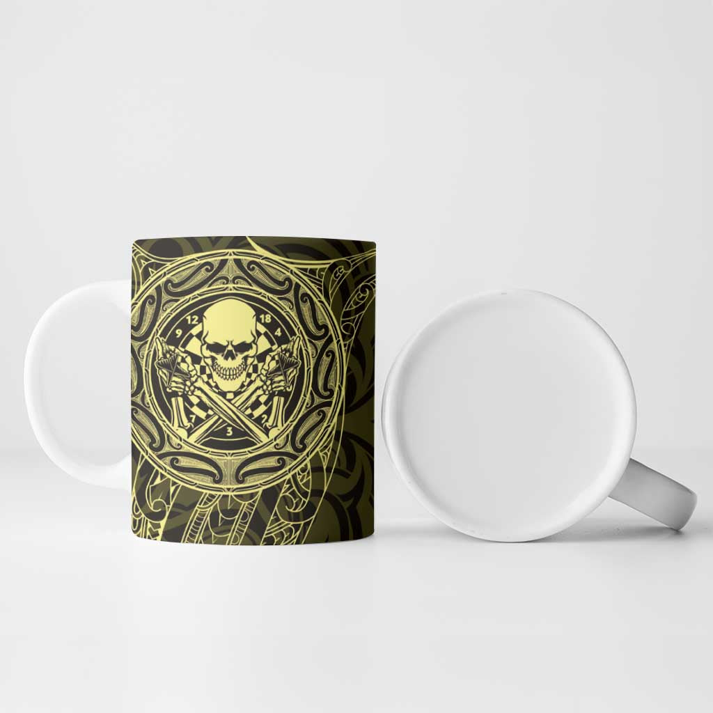 New Zealand Skull Darts Ceramic Mug Aotearoa Maori Chest Tattoo Stylized Gold - Aussie Hoodie