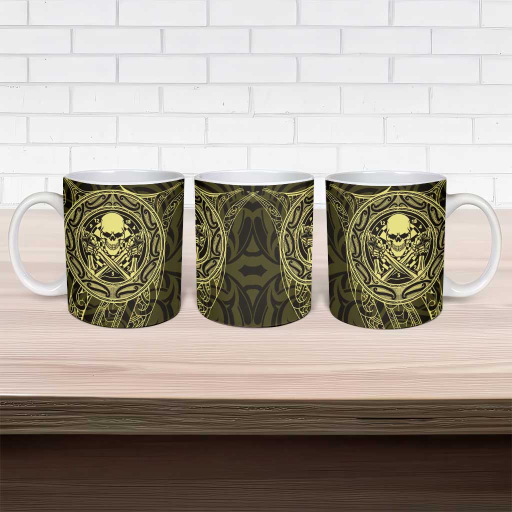 New Zealand Skull Darts Ceramic Mug Aotearoa Maori Chest Tattoo Stylized Gold - Aussie Hoodie