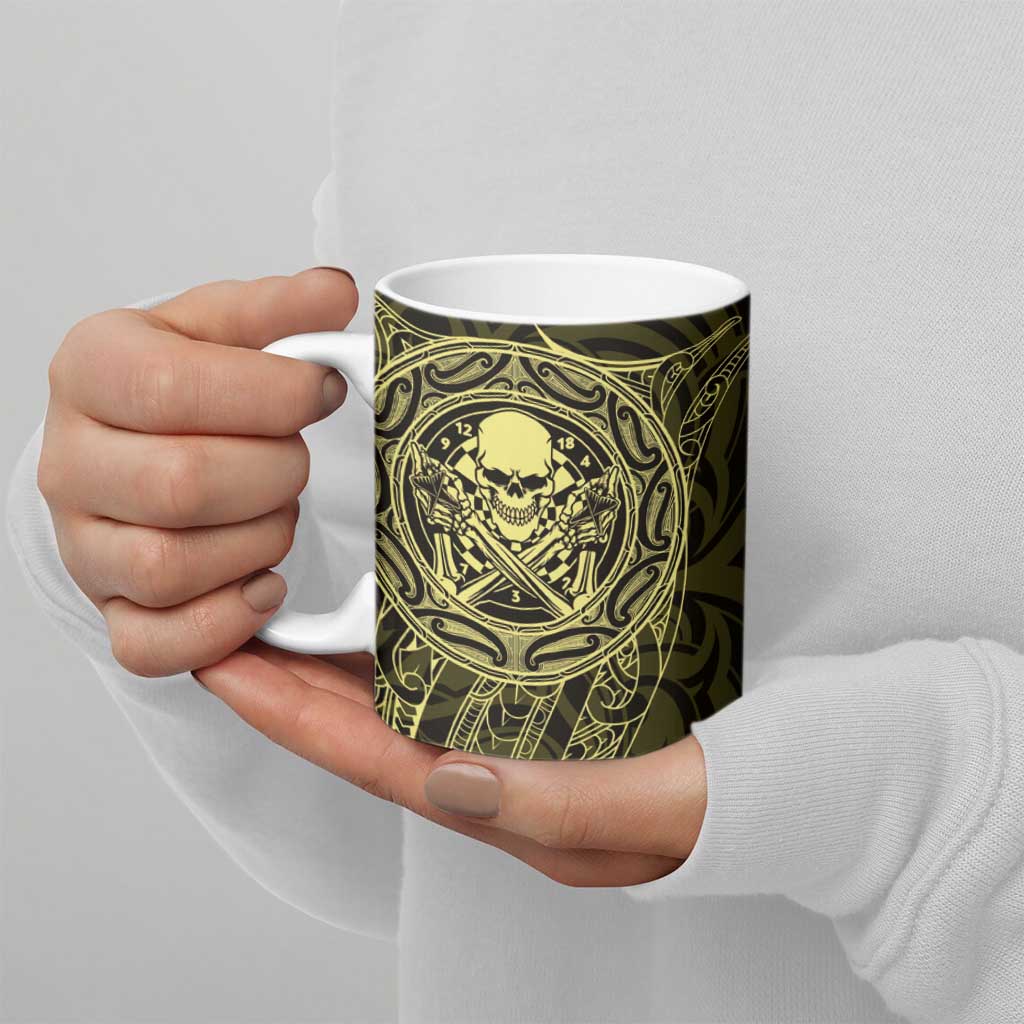 New Zealand Skull Darts Ceramic Mug Aotearoa Maori Chest Tattoo Stylized Gold - Aussie Hoodie