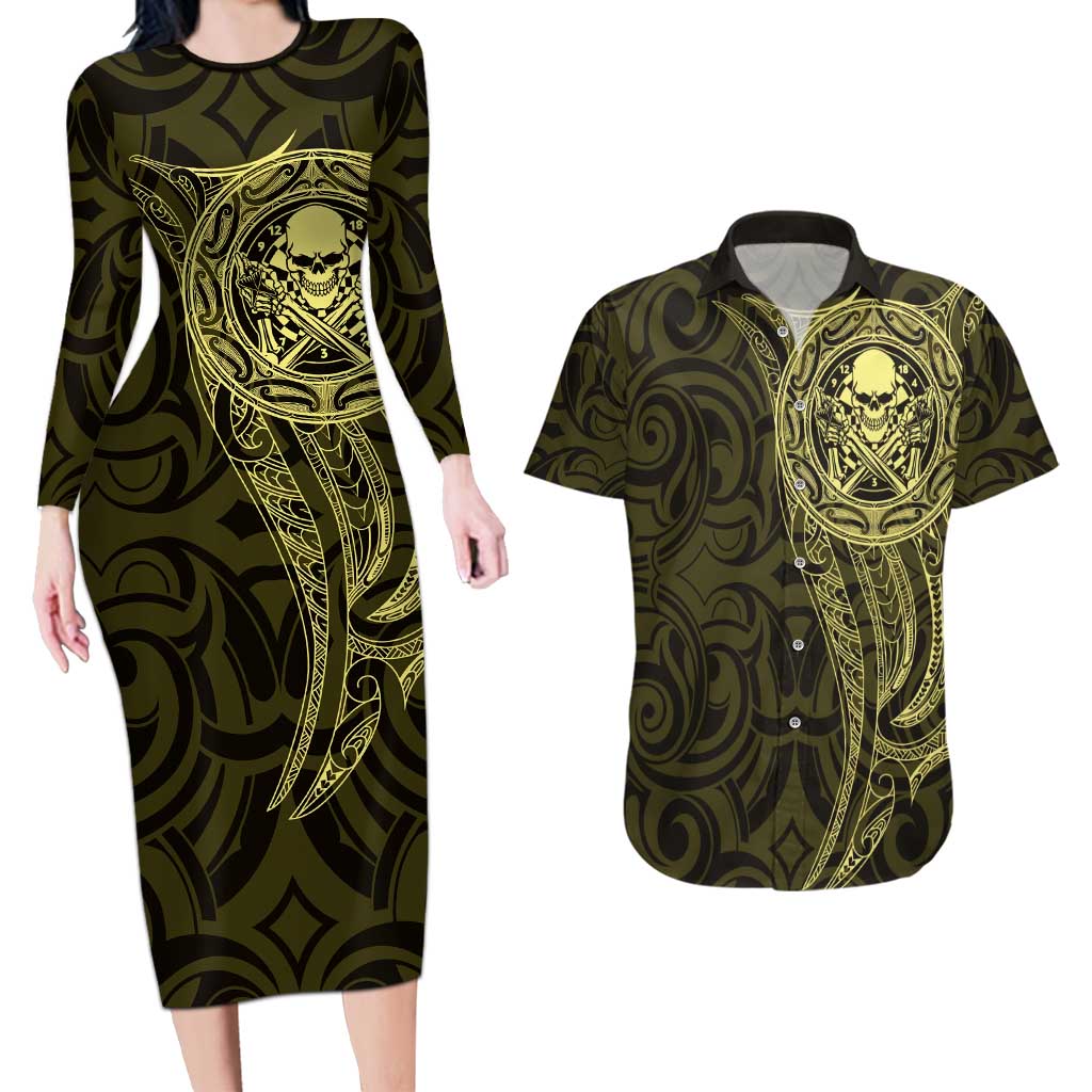 New Zealand Skull Darts Couples Matching Long Sleeve Bodycon Dress and Hawaiian Shirt Aotearoa Maori Chest Tattoo Stylized Gold - Aussie Hoodie