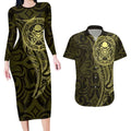 New Zealand Skull Darts Couples Matching Long Sleeve Bodycon Dress and Hawaiian Shirt Aotearoa Maori Chest Tattoo Stylized Gold - Aussie Hoodie