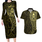 New Zealand Skull Darts Couples Matching Long Sleeve Bodycon Dress and Hawaiian Shirt Aotearoa Maori Chest Tattoo Stylized Gold - Aussie Hoodie