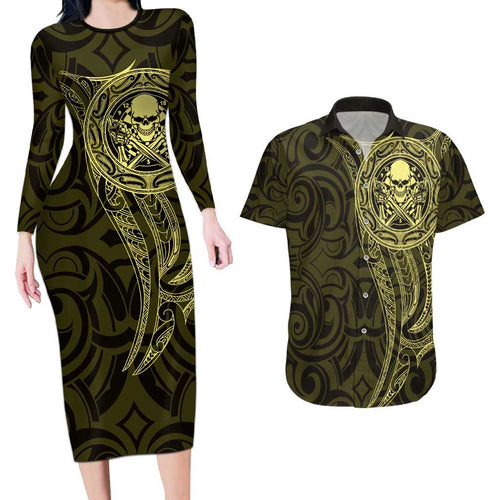 New Zealand Skull Darts Couples Matching Long Sleeve Bodycon Dress and Hawaiian Shirt Aotearoa Maori Chest Tattoo Stylized Gold - Aussie Hoodie