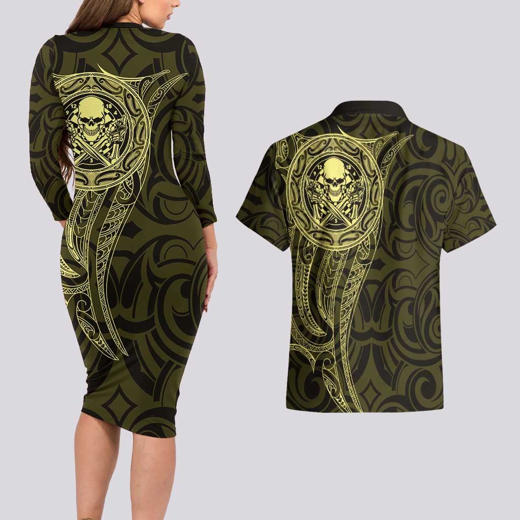 New Zealand Skull Darts Couples Matching Long Sleeve Bodycon Dress and Hawaiian Shirt Aotearoa Maori Chest Tattoo Stylized Gold - Aussie Hoodie
