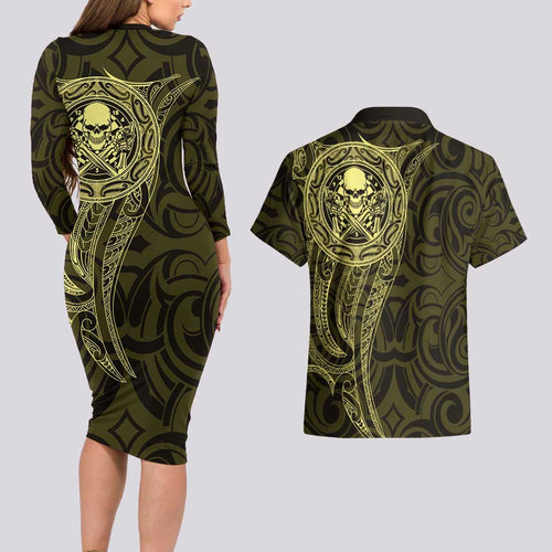 New Zealand Skull Darts Couples Matching Long Sleeve Bodycon Dress and Hawaiian Shirt Aotearoa Maori Chest Tattoo Stylized Gold - Aussie Hoodie