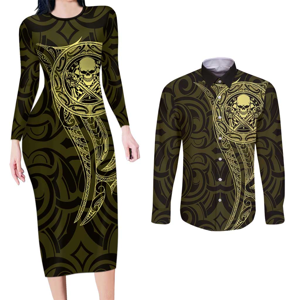 New Zealand Skull Darts Couples Matching Long Sleeve Bodycon Dress and Long Sleeve Button Shirt Aotearoa Maori Chest Tattoo Stylized Gold - Aussie Hoodie