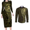New Zealand Skull Darts Couples Matching Long Sleeve Bodycon Dress and Long Sleeve Button Shirt Aotearoa Maori Chest Tattoo Stylized Gold - Aussie Hoodie