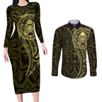 New Zealand Skull Darts Couples Matching Long Sleeve Bodycon Dress and Long Sleeve Button Shirt Aotearoa Maori Chest Tattoo Stylized Gold - Aussie Hoodie
