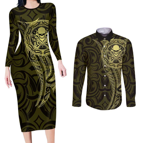 New Zealand Skull Darts Couples Matching Long Sleeve Bodycon Dress and Long Sleeve Button Shirt Aotearoa Maori Chest Tattoo Stylized Gold - Aussie Hoodie