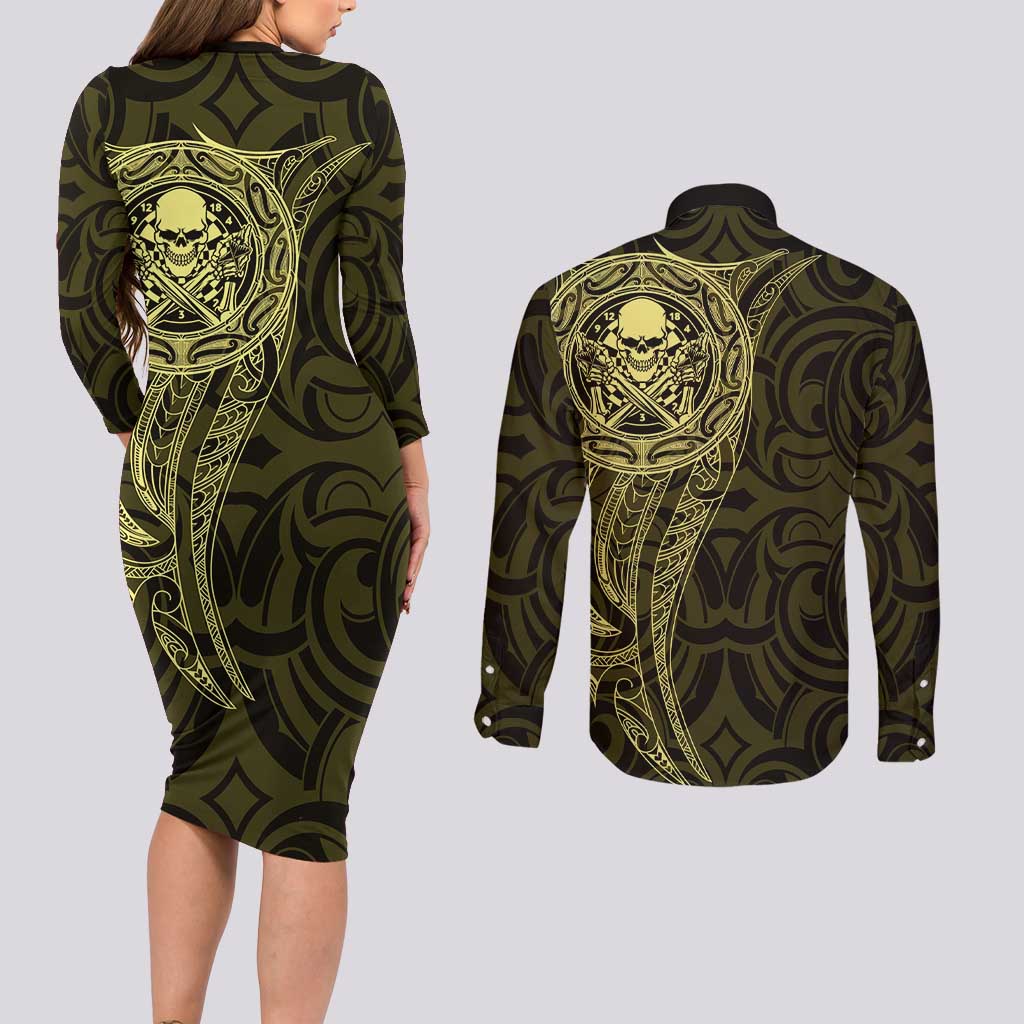 New Zealand Skull Darts Couples Matching Long Sleeve Bodycon Dress and Long Sleeve Button Shirt Aotearoa Maori Chest Tattoo Stylized Gold - Aussie Hoodie