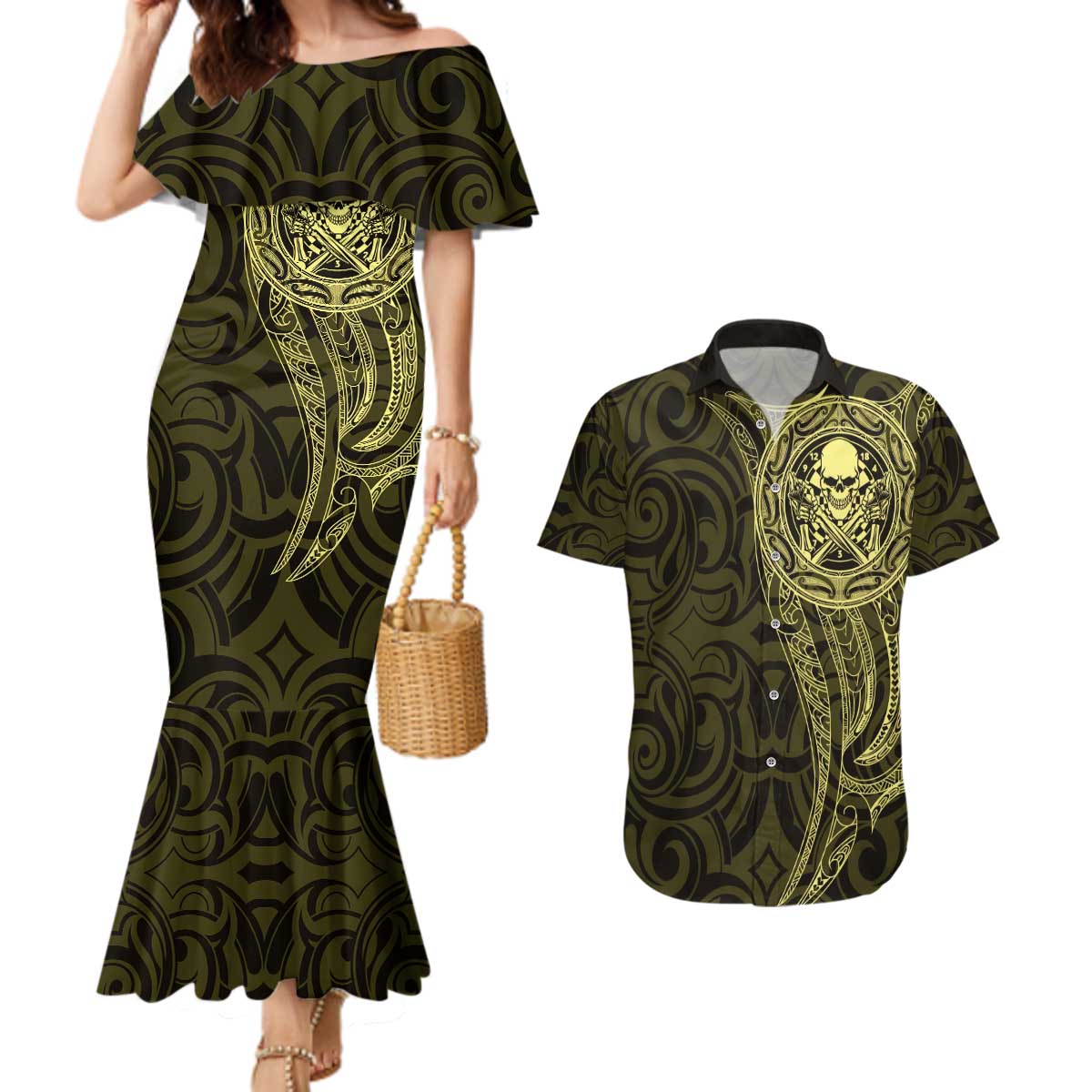 New Zealand Skull Darts Couples Matching Mermaid Dress and Hawaiian Shirt Aotearoa Maori Chest Tattoo Stylized Gold - Aussie Hoodie