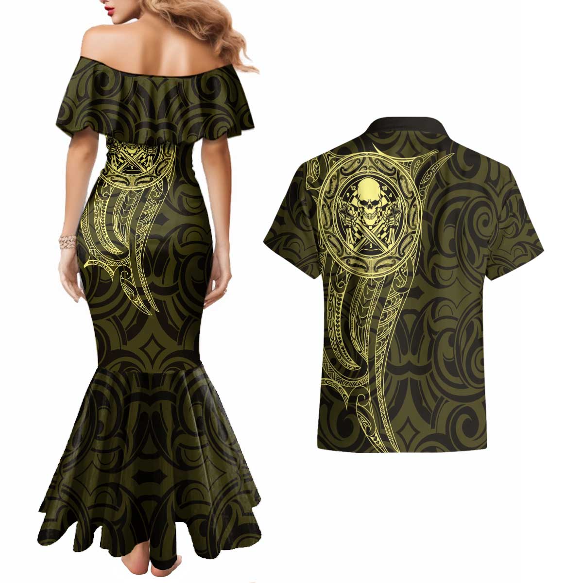 New Zealand Skull Darts Couples Matching Mermaid Dress and Hawaiian Shirt Aotearoa Maori Chest Tattoo Stylized Gold - Aussie Hoodie