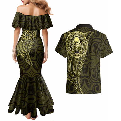 New Zealand Skull Darts Couples Matching Mermaid Dress and Hawaiian Shirt Aotearoa Maori Chest Tattoo Stylized Gold - Aussie Hoodie
