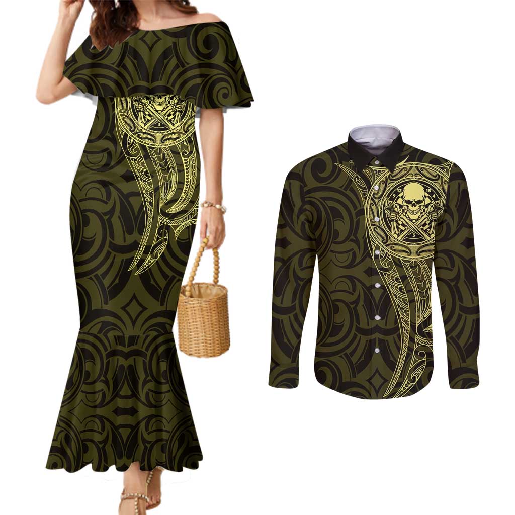 New Zealand Skull Darts Couples Matching Mermaid Dress and Long Sleeve Button Shirt Aotearoa Maori Chest Tattoo Stylized Gold - Aussie Hoodie