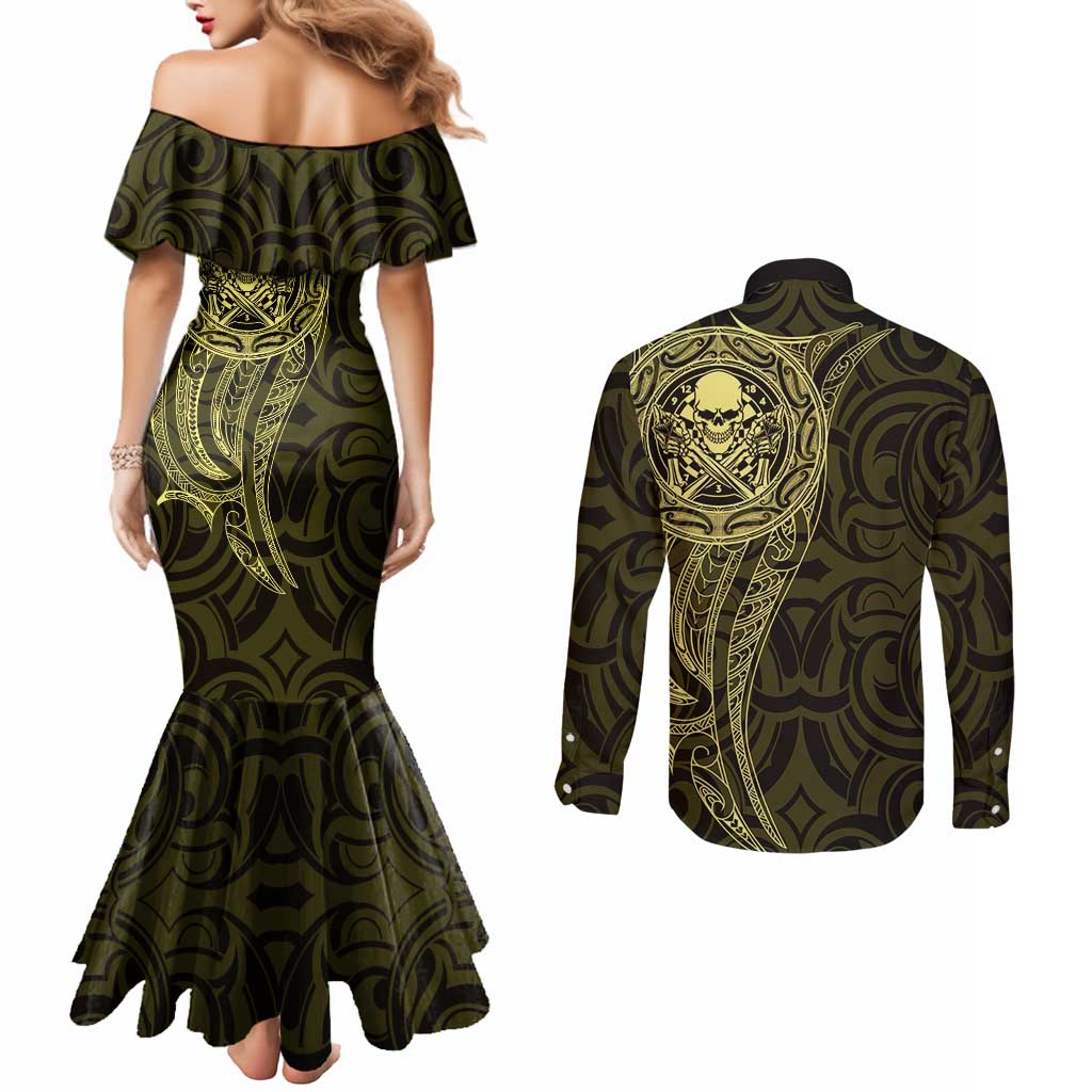 New Zealand Skull Darts Couples Matching Mermaid Dress and Long Sleeve Button Shirt Aotearoa Maori Chest Tattoo Stylized Gold - Aussie Hoodie