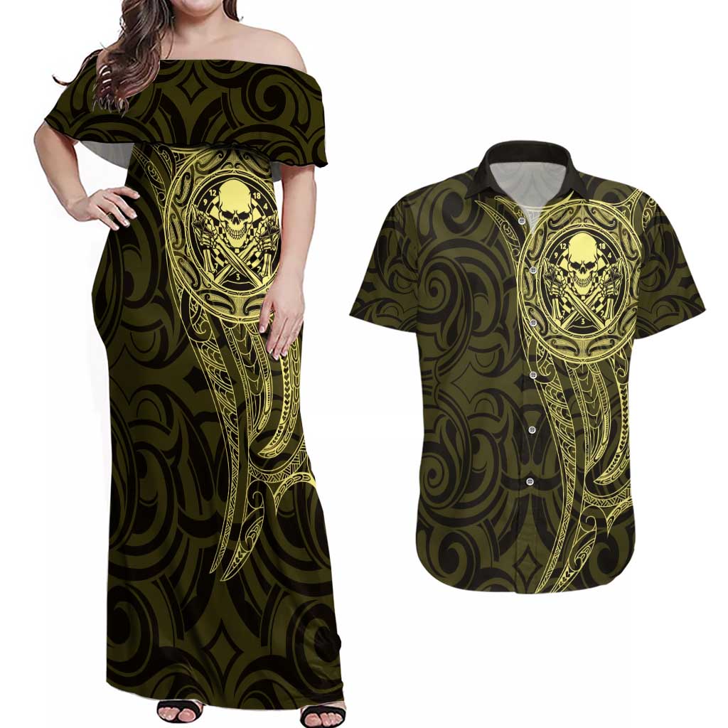 New Zealand Skull Darts Couples Matching Off Shoulder Maxi Dress and Hawaiian Shirt Aotearoa Maori Chest Tattoo Stylized Gold - Aussie Hoodie