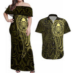 New Zealand Skull Darts Couples Matching Off Shoulder Maxi Dress and Hawaiian Shirt Aotearoa Maori Chest Tattoo Stylized Gold - Aussie Hoodie