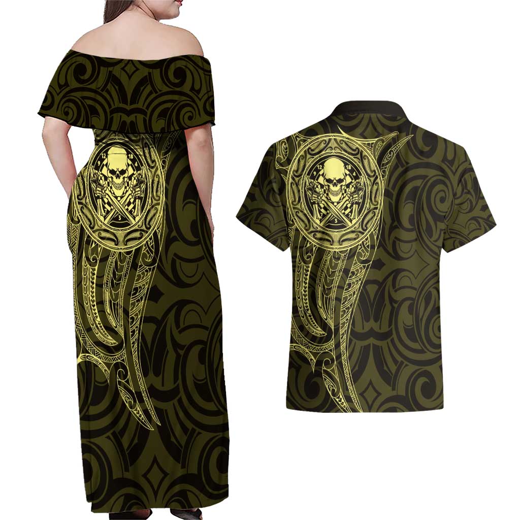New Zealand Skull Darts Couples Matching Off Shoulder Maxi Dress and Hawaiian Shirt Aotearoa Maori Chest Tattoo Stylized Gold - Aussie Hoodie