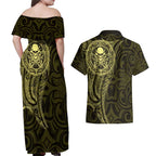 New Zealand Skull Darts Couples Matching Off Shoulder Maxi Dress and Hawaiian Shirt Aotearoa Maori Chest Tattoo Stylized Gold - Aussie Hoodie