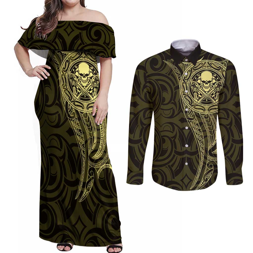 New Zealand Skull Darts Couples Matching Off Shoulder Maxi Dress and Long Sleeve Button Shirt Aotearoa Maori Chest Tattoo Stylized Gold - Aussie Hoodie