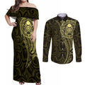 New Zealand Skull Darts Couples Matching Off Shoulder Maxi Dress and Long Sleeve Button Shirt Aotearoa Maori Chest Tattoo Stylized Gold - Aussie Hoodie