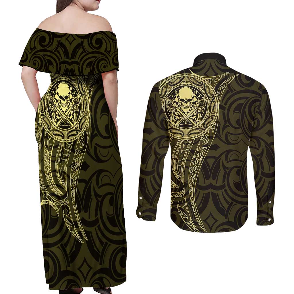 New Zealand Skull Darts Couples Matching Off Shoulder Maxi Dress and Long Sleeve Button Shirt Aotearoa Maori Chest Tattoo Stylized Gold - Aussie Hoodie