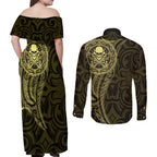 New Zealand Skull Darts Couples Matching Off Shoulder Maxi Dress and Long Sleeve Button Shirt Aotearoa Maori Chest Tattoo Stylized Gold - Aussie Hoodie
