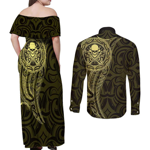 New Zealand Skull Darts Couples Matching Off Shoulder Maxi Dress and Long Sleeve Button Shirt Aotearoa Maori Chest Tattoo Stylized Gold - Aussie Hoodie
