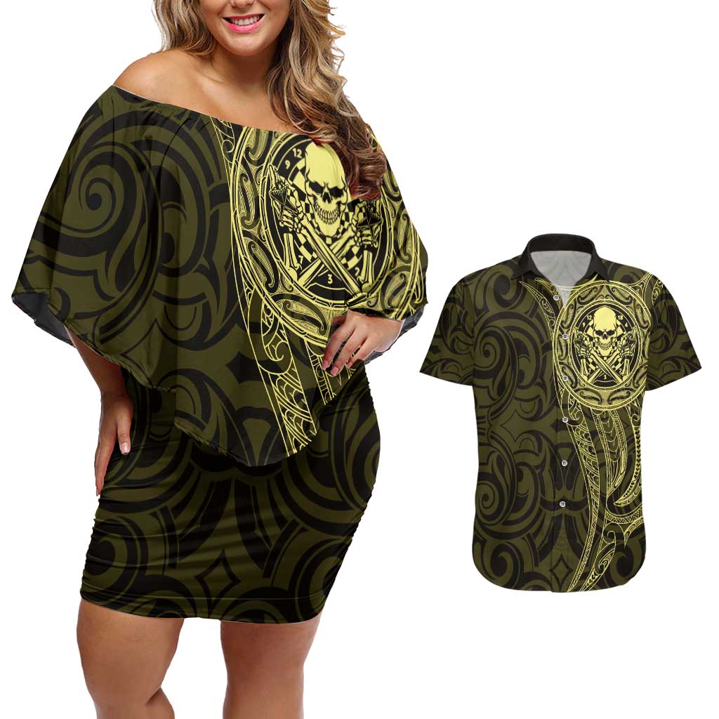 New Zealand Skull Darts Couples Matching Off Shoulder Short Dress and Hawaiian Shirt Aotearoa Maori Chest Tattoo Stylized Gold - Aussie Hoodie