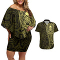 New Zealand Skull Darts Couples Matching Off Shoulder Short Dress and Hawaiian Shirt Aotearoa Maori Chest Tattoo Stylized Gold - Aussie Hoodie