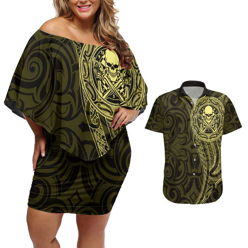 New Zealand Skull Darts Couples Matching Off Shoulder Short Dress and Hawaiian Shirt Aotearoa Maori Chest Tattoo Stylized Gold - Aussie Hoodie