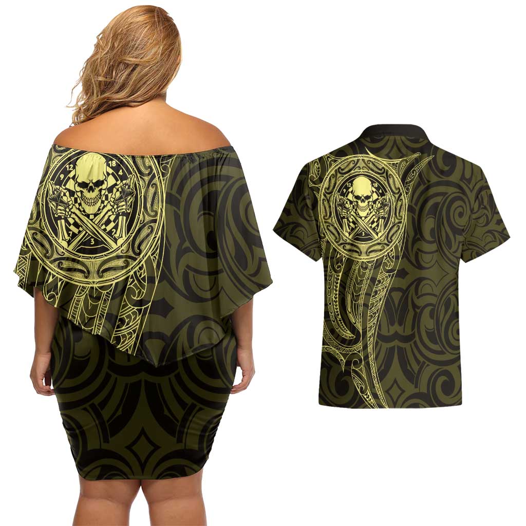 New Zealand Skull Darts Couples Matching Off Shoulder Short Dress and Hawaiian Shirt Aotearoa Maori Chest Tattoo Stylized Gold - Aussie Hoodie