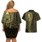 New Zealand Skull Darts Couples Matching Off Shoulder Short Dress and Hawaiian Shirt Aotearoa Maori Chest Tattoo Stylized Gold - Aussie Hoodie