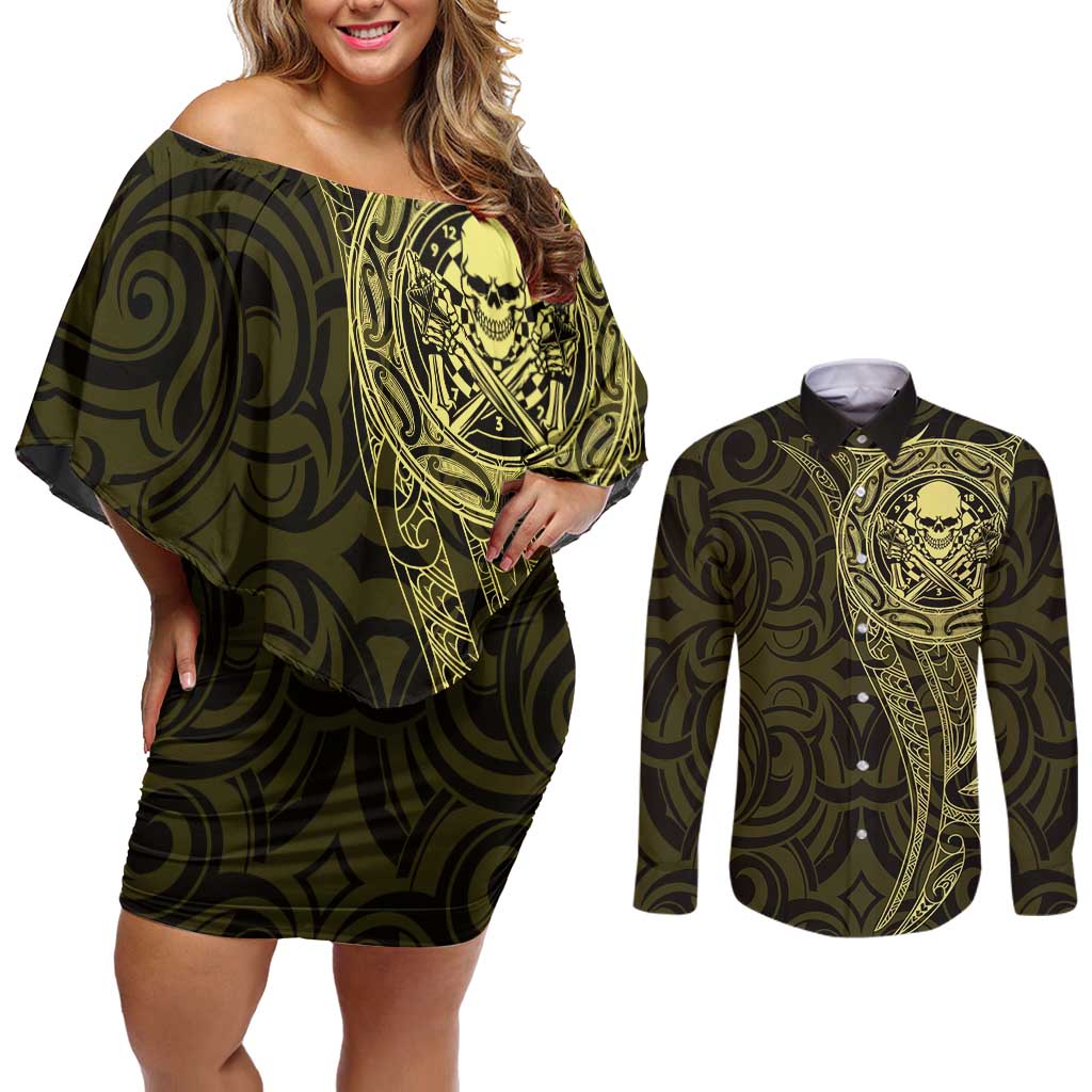 New Zealand Skull Darts Couples Matching Off Shoulder Short Dress and Long Sleeve Button Shirt Aotearoa Maori Chest Tattoo Stylized Gold - Aussie Hoodie