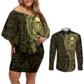 New Zealand Skull Darts Couples Matching Off Shoulder Short Dress and Long Sleeve Button Shirt Aotearoa Maori Chest Tattoo Stylized Gold - Aussie Hoodie