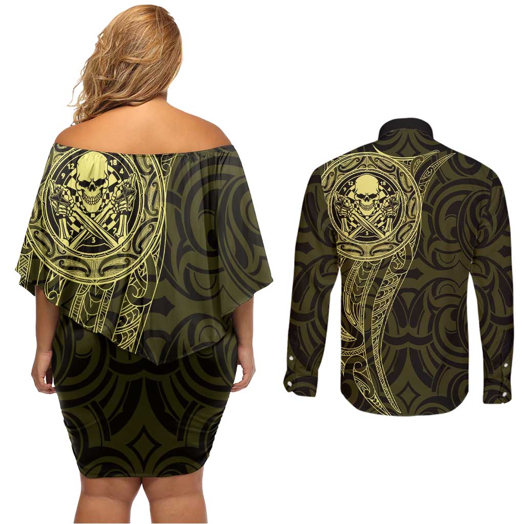 New Zealand Skull Darts Couples Matching Off Shoulder Short Dress and Long Sleeve Button Shirt Aotearoa Maori Chest Tattoo Stylized Gold - Aussie Hoodie