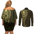 New Zealand Skull Darts Couples Matching Off Shoulder Short Dress and Long Sleeve Button Shirt Aotearoa Maori Chest Tattoo Stylized Gold - Aussie Hoodie