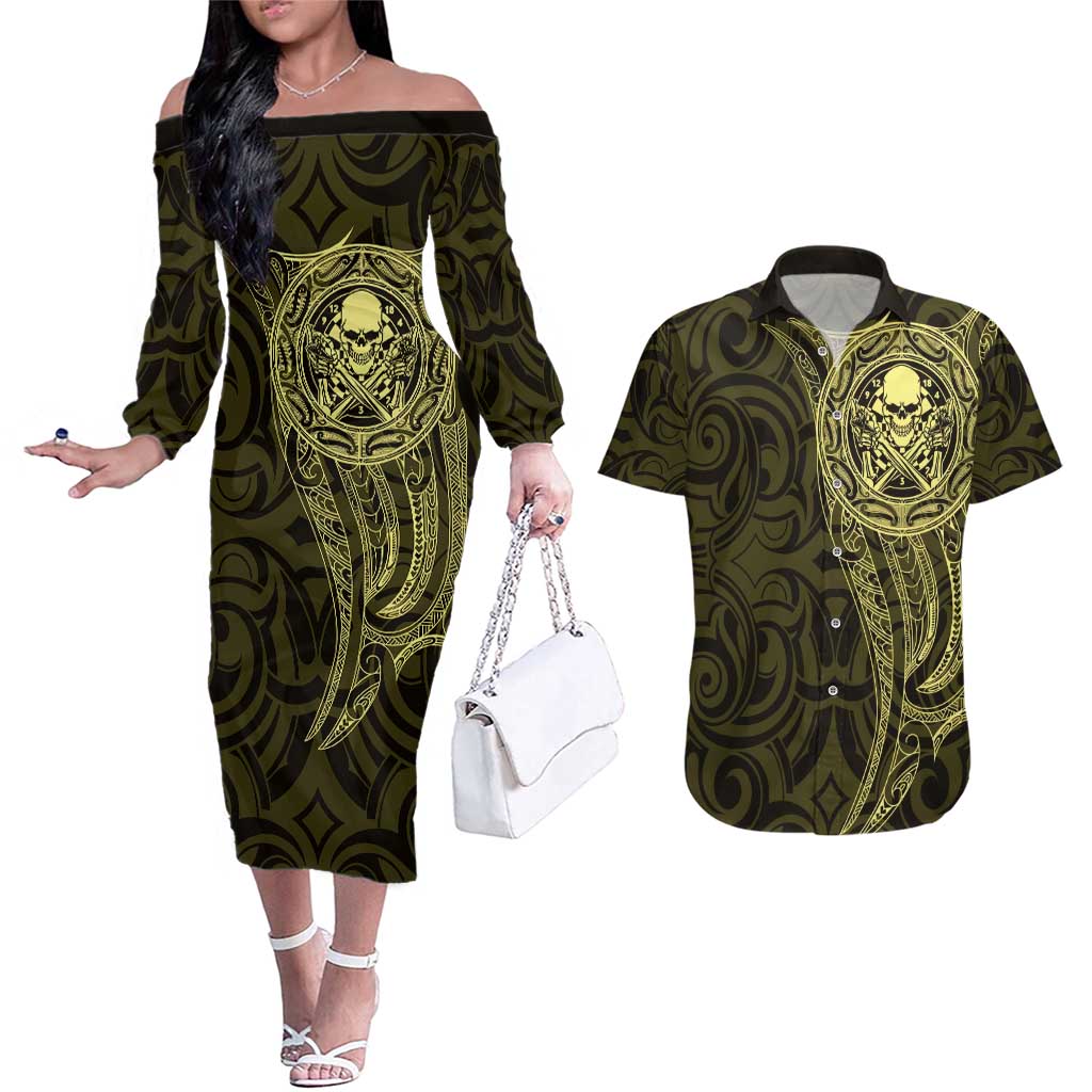 New Zealand Skull Darts Couples Matching Off The Shoulder Long Sleeve Dress and Hawaiian Shirt Aotearoa Maori Chest Tattoo Stylized Gold - Aussie Hoodie