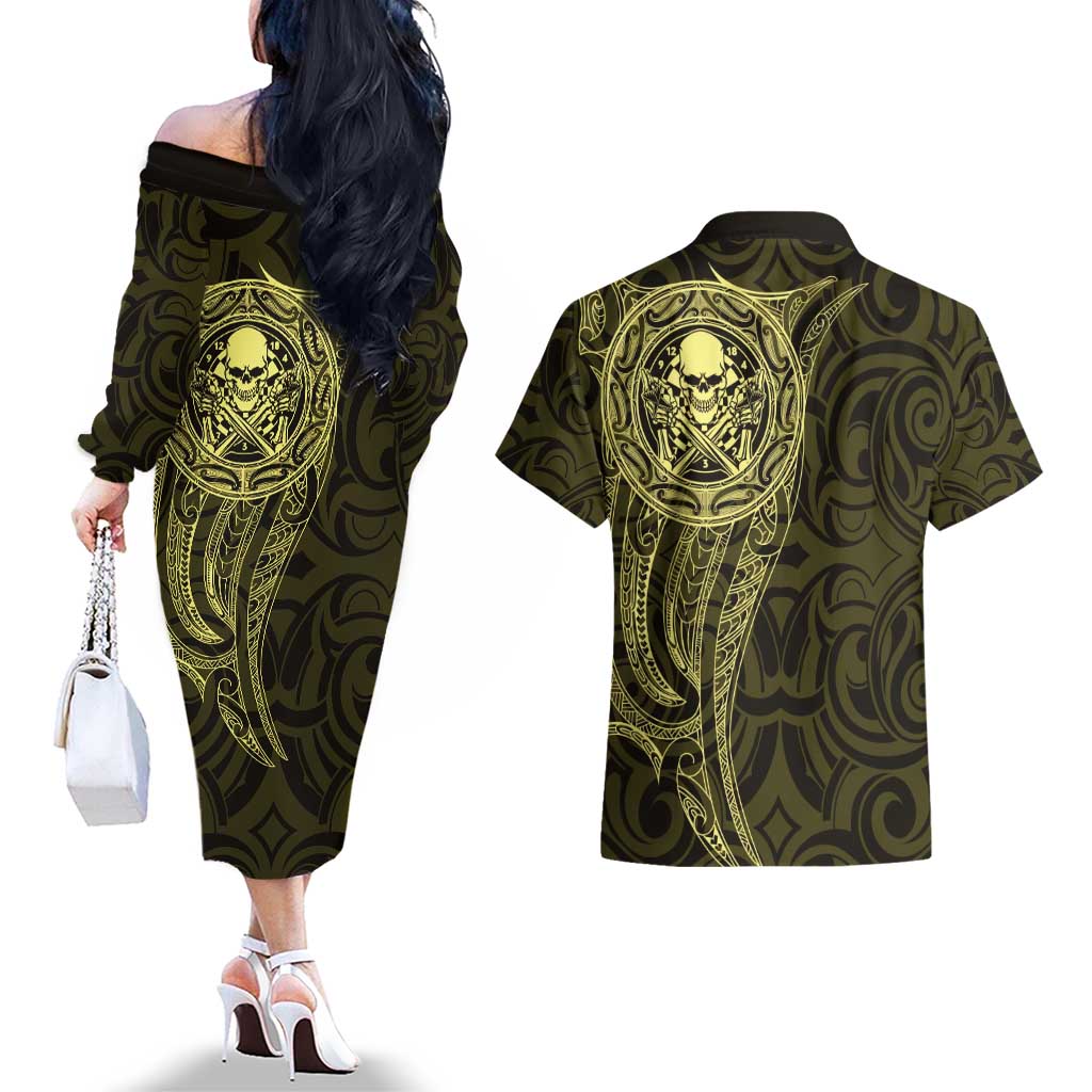 New Zealand Skull Darts Couples Matching Off The Shoulder Long Sleeve Dress and Hawaiian Shirt Aotearoa Maori Chest Tattoo Stylized Gold - Aussie Hoodie