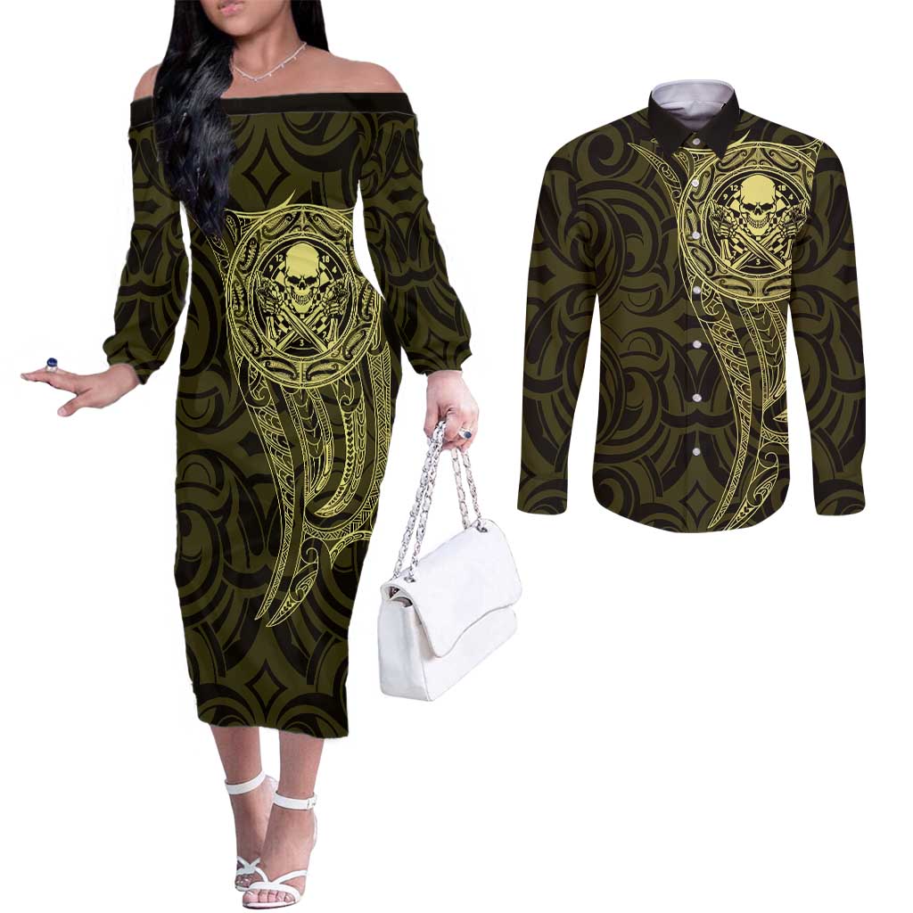 New Zealand Skull Darts Couples Matching Off The Shoulder Long Sleeve Dress and Long Sleeve Button Shirt Aotearoa Maori Chest Tattoo Stylized Gold - Aussie Hoodie