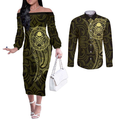 New Zealand Skull Darts Couples Matching Off The Shoulder Long Sleeve Dress and Long Sleeve Button Shirt Aotearoa Maori Chest Tattoo Stylized Gold - Aussie Hoodie