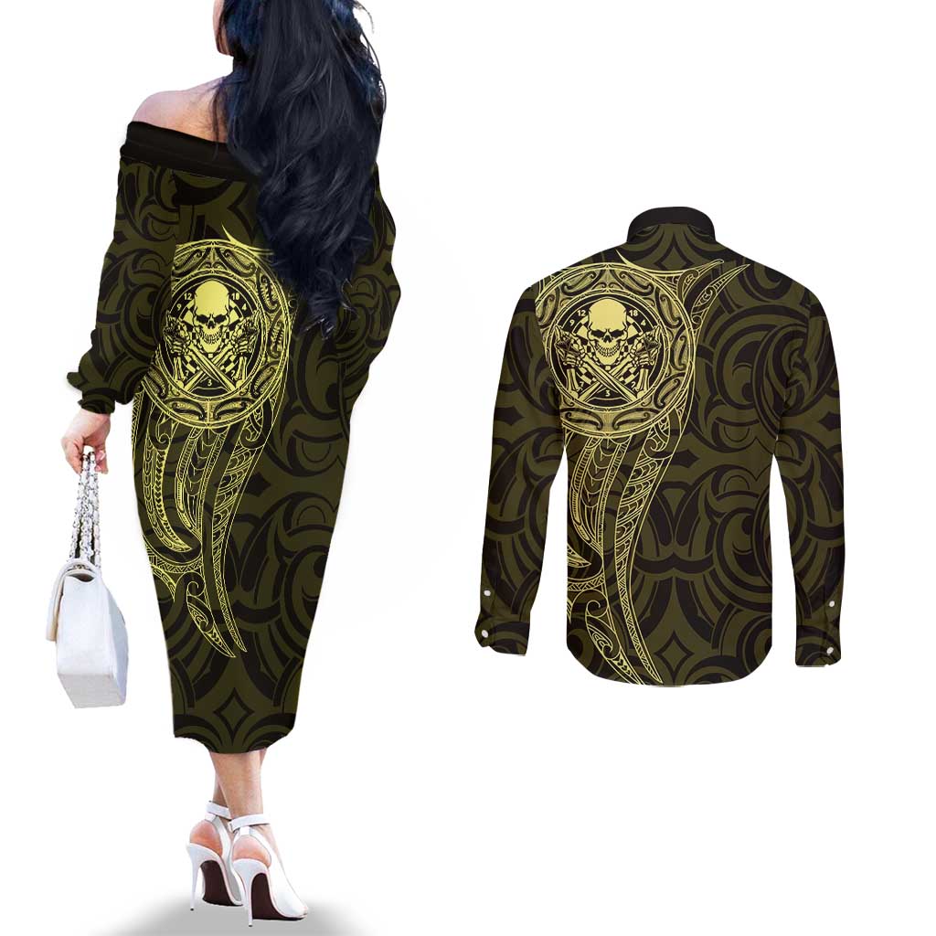 New Zealand Skull Darts Couples Matching Off The Shoulder Long Sleeve Dress and Long Sleeve Button Shirt Aotearoa Maori Chest Tattoo Stylized Gold - Aussie Hoodie