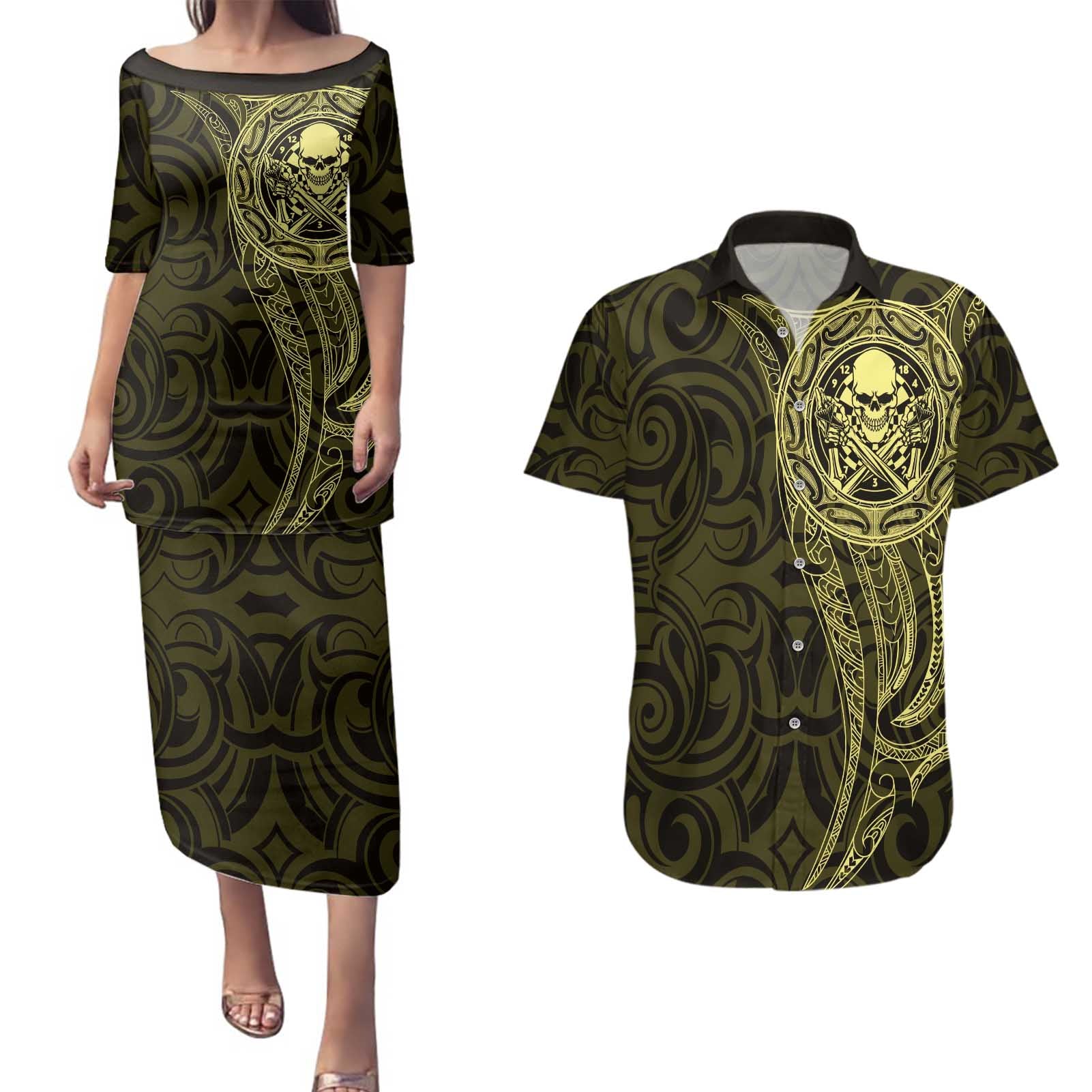 New Zealand Skull Darts Couples Matching Puletasi and Hawaiian Shirt Aotearoa Maori Chest Tattoo Stylized Gold - Aussie Hoodie